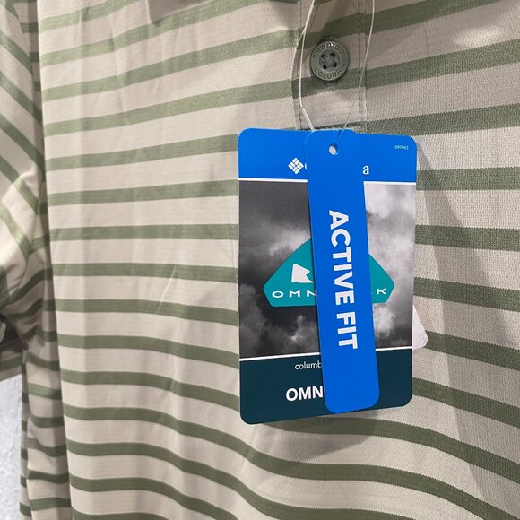 Columbia, NWT, Hiking Striped Polo, men's  size L, in beige and army green. - Picture 4 of 7